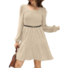 Autumn New Style Textured Casual Long Sleeve Crew Neck Pocket Dress with Knit Sweater Lining