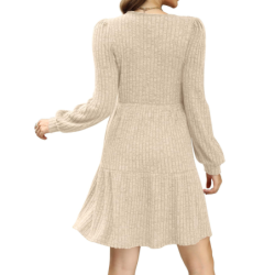 Autumn New Style Textured Casual Long Sleeve Crew Neck Pocket Dress with Knit Sweater Lining