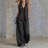 Women's Fashion Casual Solid V-Neck Ruched Loose Sleeveless Casual Wide Leg Pants Two Piece Set