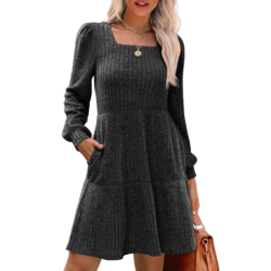 Autumn New Style Textured Casual Long Sleeve Crew Neck Pocket Dress with Knit Sweater Lining