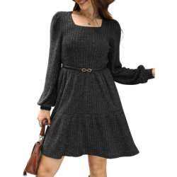 Autumn New Style Textured Casual Long Sleeve Crew Neck Pocket Dress with Knit Sweater Lining