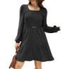 Autumn New Style Textured Casual Long Sleeve Crew Neck Pocket Dress with Knit Sweater Lining