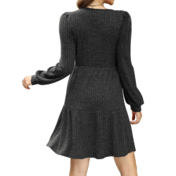 Autumn New Style Textured Casual Long Sleeve Crew Neck Pocket Dress with Knit Sweater Lining