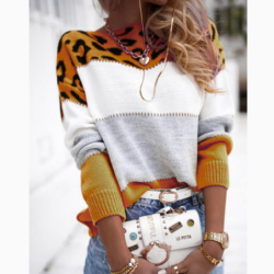 Animal Print Color Block Crewneck Casual Knit Sweater Women's Fall Winter New Arrivals Long Sleeve Base Layer
