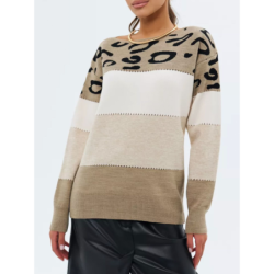 Animal Print Color Block Crewneck Casual Knit Sweater Women's Fall Winter New Arrivals Long Sleeve Base Layer