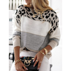 Animal Print Color Block Crewneck Casual Knit Sweater Women's Fall Winter New Arrivals Long Sleeve Base Layer