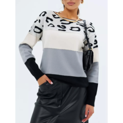 Animal Print Color Block Crewneck Casual Knit Sweater Women's Fall Winter New Arrivals Long Sleeve Base Layer