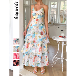Elegant Wind Strap Printed Layered Dress for Women Spring/Summer Imported Fashion