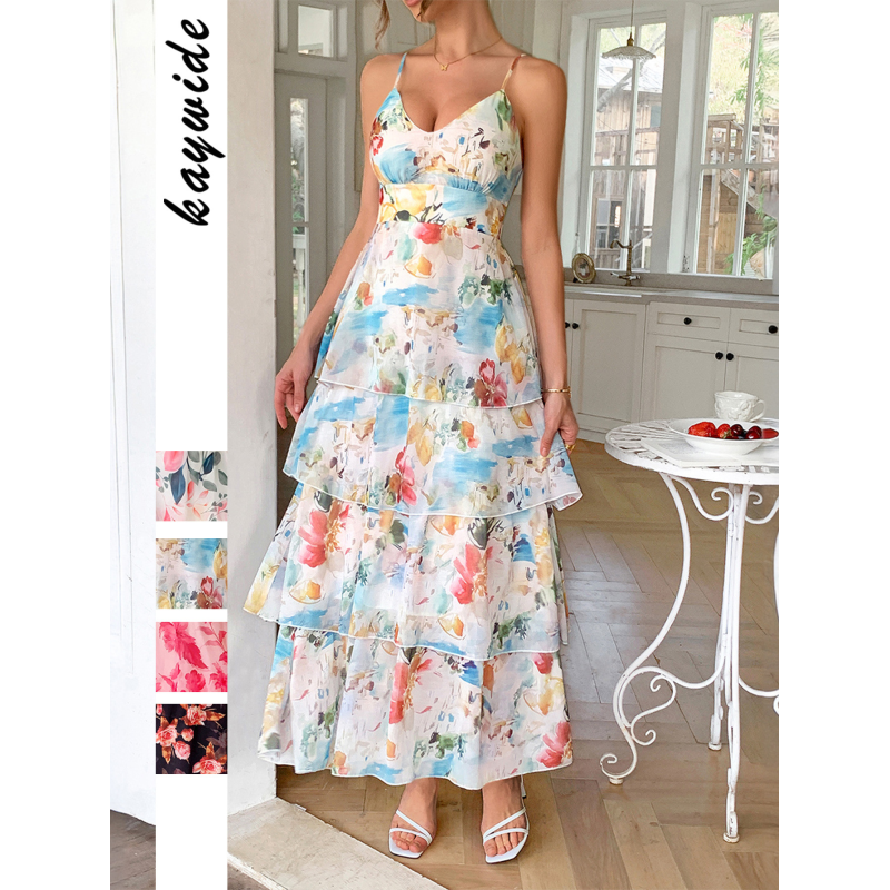 Elegant Wind Strap Printed Layered Dress for Women Spring/Summer Imported Fashion