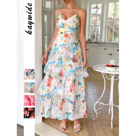 Elegant Wind Strap Printed Layered Dress for Women Spring/Summer Imported Fashion