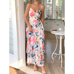 Elegant Wind Strap Printed Layered Dress for Women Spring/Summer Imported Fashion