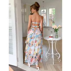 Elegant Wind Strap Printed Layered Dress for Women Spring/Summer Imported Fashion