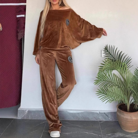 Hot Selling Women's Spring Autumn Golden Velvet Solid Color Crew Neck Batwing Sleeve Casual Two Piece Set Women's Clothing