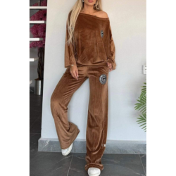 Hot Selling Women's Spring Autumn Golden Velvet Solid Color Crew Neck Batwing Sleeve Casual Two Piece Set Women's Clothing