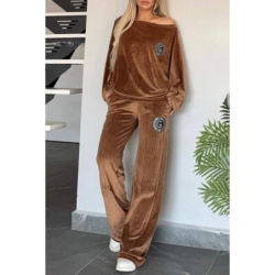 Hot Selling Women's Spring Autumn Golden Velvet Solid Color Crew Neck Batwing Sleeve Casual Two Piece Set Women's Clothing