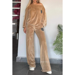 Hot Selling Women's Spring Autumn Golden Velvet Solid Color Crew Neck Batwing Sleeve Casual Two Piece Set Women's Clothing