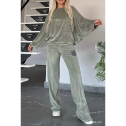 Hot Selling Women's Spring Autumn Golden Velvet Solid Color Crew Neck Batwing Sleeve Casual Two Piece Set Women's Clothing