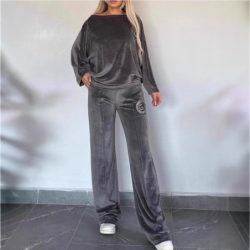 Hot Selling Women's Spring Autumn Golden Velvet Solid Color Crew Neck Batwing Sleeve Casual Two Piece Set Women's Clothing
