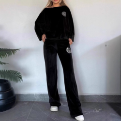 Hot Selling Women's Spring Autumn Golden Velvet Solid Color Crew Neck Batwing Sleeve Casual Two Piece Set Women's Clothing