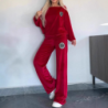 Hot Selling Women's Spring Autumn Golden Velvet Solid Color Crew Neck Batwing Sleeve Casual Two Piece Set Women's Clothing