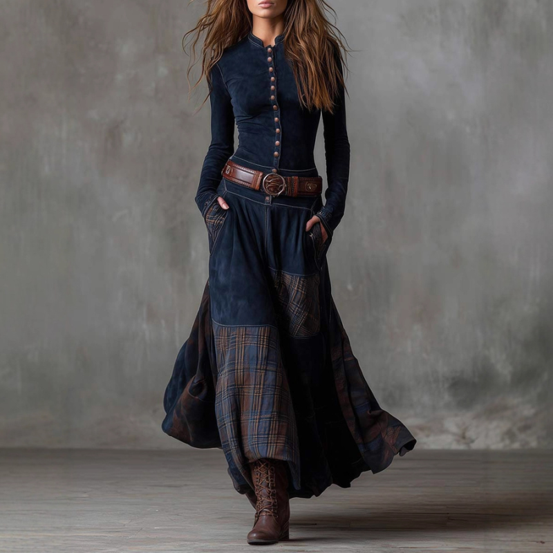 Oversized Plaid Patchwork Vintage Style Ripped Ribbed Velvet Long Sleeve Dress with Pockets
