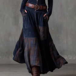 Oversized Plaid Patchwork Vintage Style Ripped Ribbed Velvet Long Sleeve Dress with Pockets