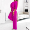 New Women's Solid Color V-Neck Two-Button Two-Piece Long Pants Set for Women