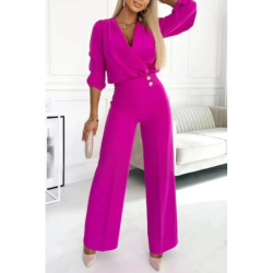 New Women's Solid Color V-Neck Two-Button Two-Piece Long Pants Set for Women